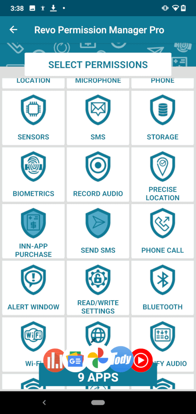 screen for selecting permissions to filter by