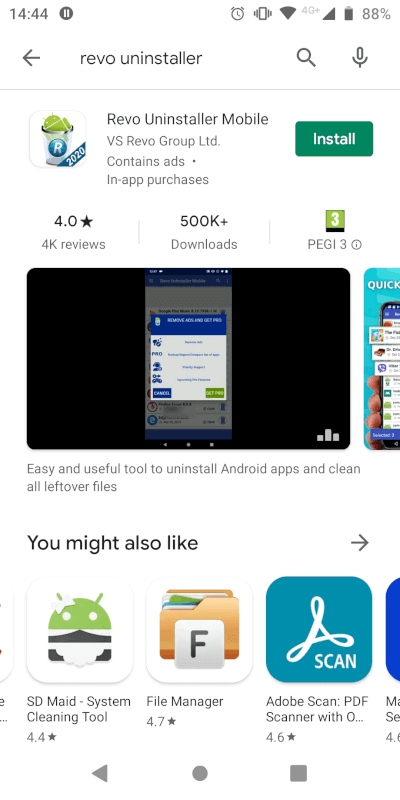 installation page for revo uninstaller mobile
